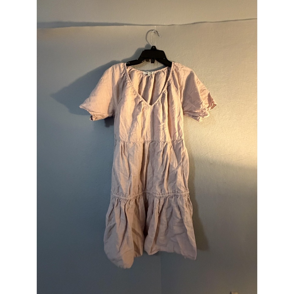 Madewell Dress Womens XS Pink Linen Blend V Neck Tiered‎ Swing Short Sleeve